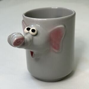 Vintage Studio Pottery Elephant Mug 3D Ceramic Animal Cup Signed Marked Funny